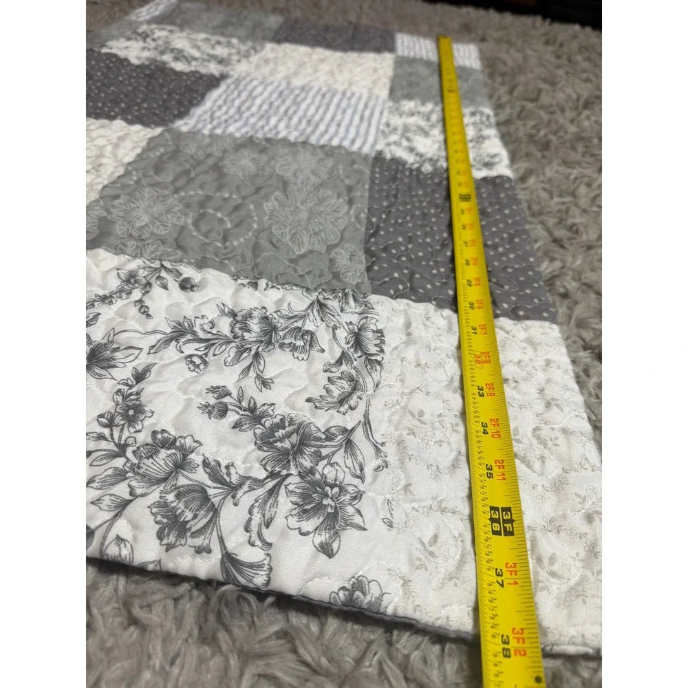 Patchwork Quilted King Pillow Sham Grey White Blue Floral Striped one